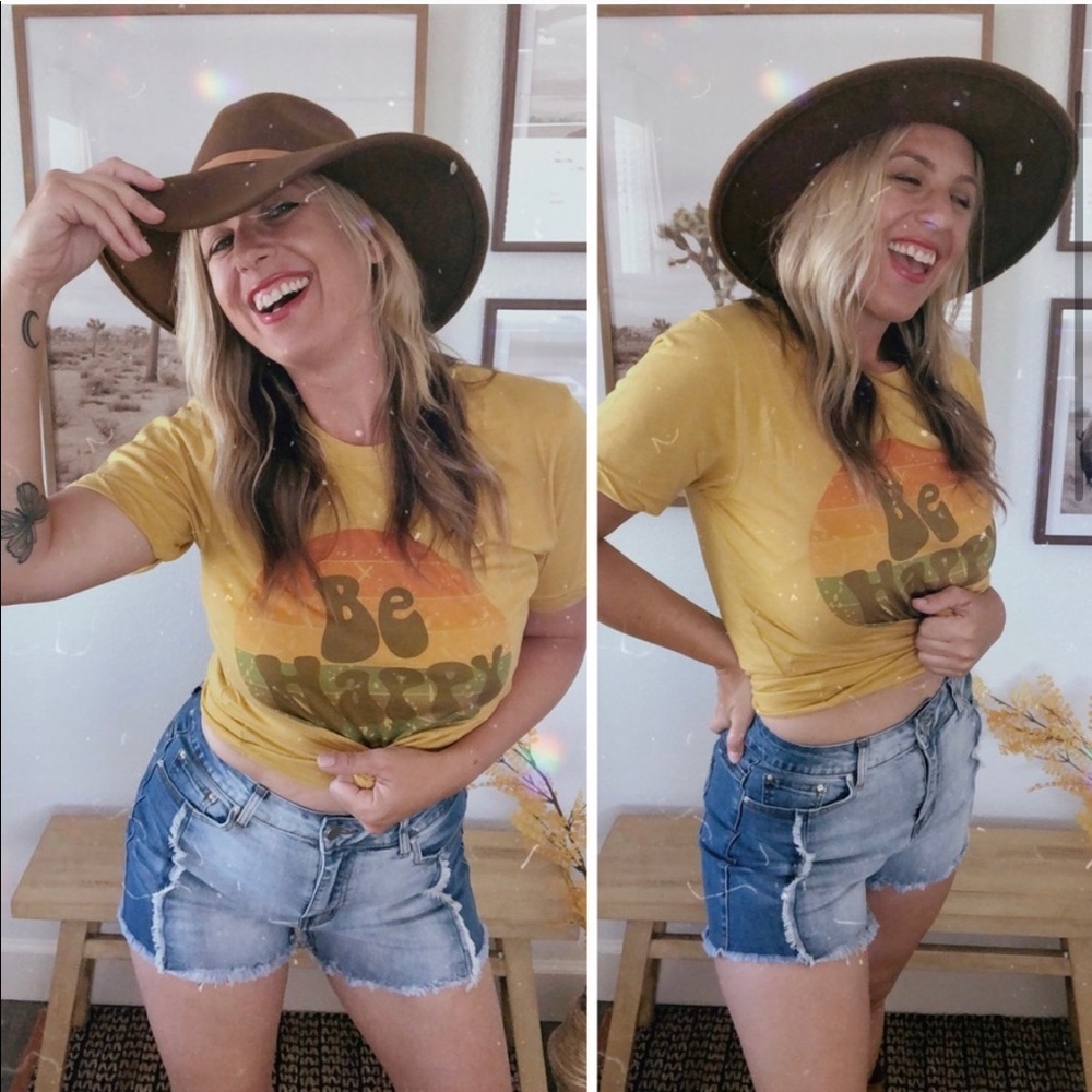 New! “Be Happy “Mustard vintage Heather Tee - Picture 3 of 7